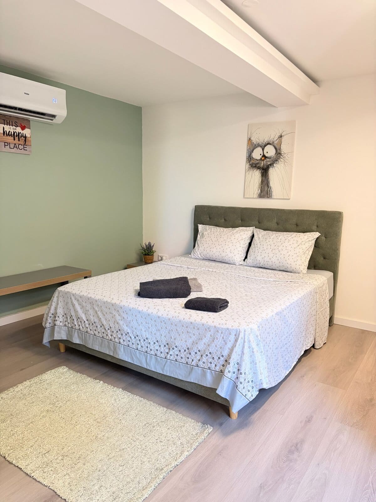 Schlafzimmer mit Doppelbett, salbeigrüner Akzentwand und Klimaanlage